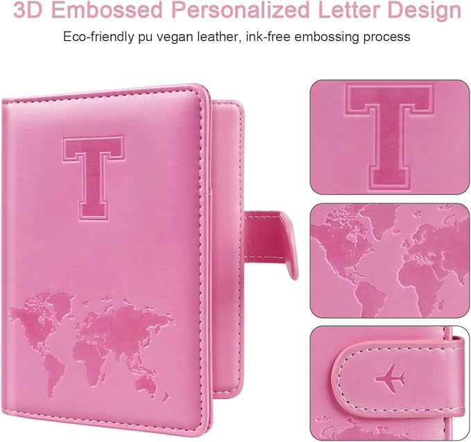 Passport Holder Cover Initial Letter A-Z Travel Wallet Personalized | Travel Essentials, Embossed Design, RFID Blocking, Personalized Gift, Passport Book Holders for Women and Girls, Pink-T