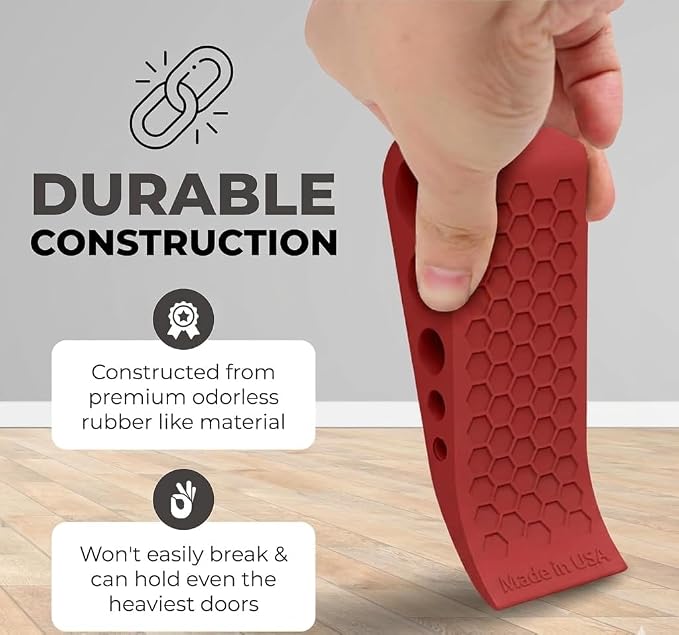 Door Stoppers Red for Bottom of Door Premium Floor Rubber Door Stop Wedge Made in USA Heavy Duty Honeycomb Design for Carpet, Tile, Ideal for Home, School, Commercial