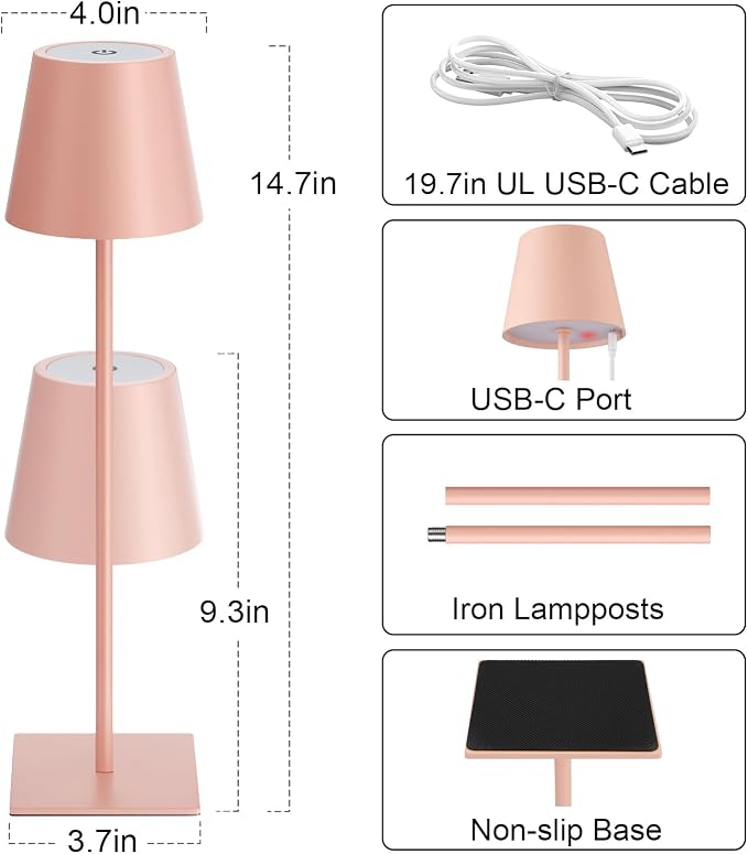 Kakanuo Pink Cordless Rechargeable Table Lamp 5000mAh Battery Operated Lamps, 3 Colors Stepless Dimming Touch Lamp for Living Room, Kitchen Counter, Dining, Outdoor Patio, 2 Pack