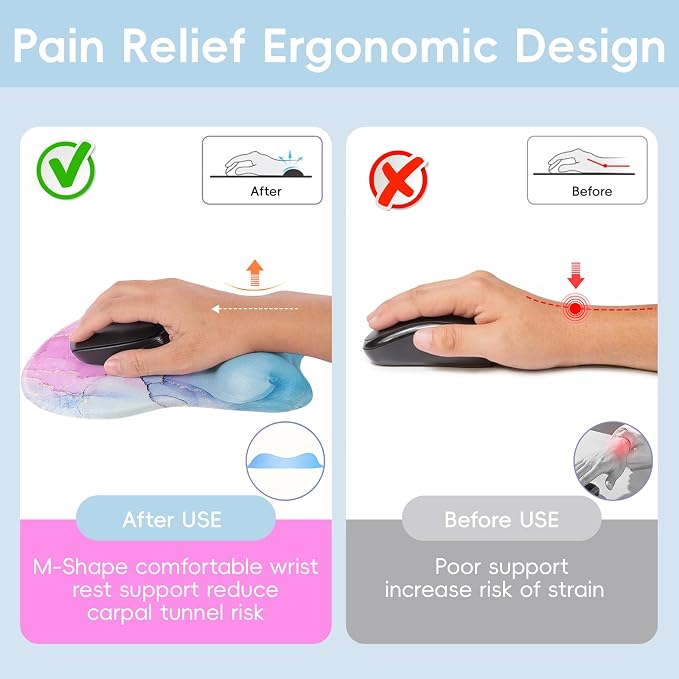 Upgrade Ergonomic Mouse Pad,Non Slip Mousepad Wrist Rest Support for Office, Computer, Laptop & Mac(B-Pink Blue Marble)