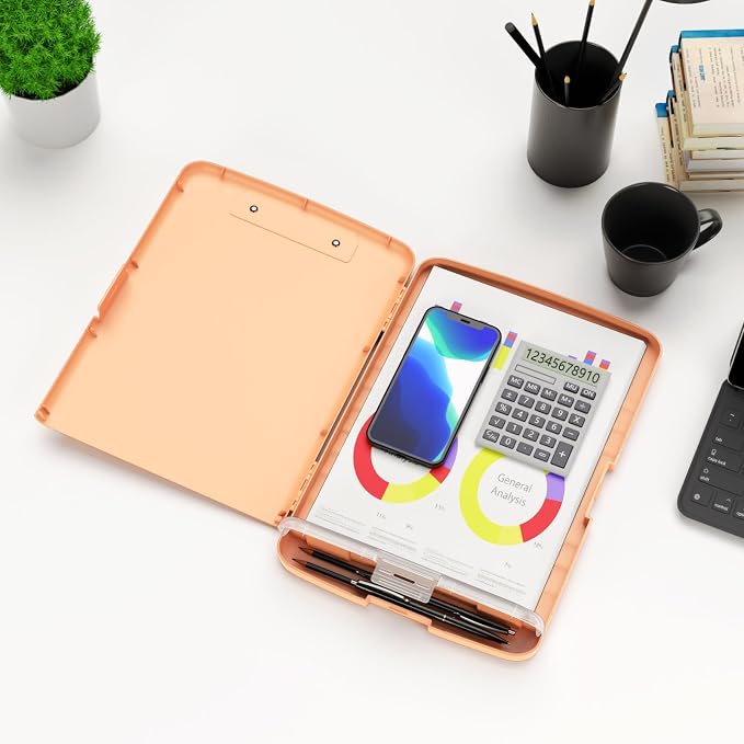 Hongri Clipboard with Storage with Pencil Case, 8.5 x 11 Storage Clip Board | High Capacity Organization Box for A4 Letter Legal Paper, Heavy Duty Folio & Side-Opening for Nurses, Teachers, Light Orange