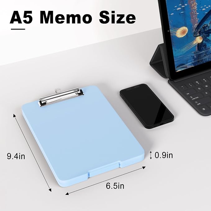 Hongri A5 Clipboard with Storage, Metal Retractable Pen Holder, Blue | 6 x 9'' Nursing Plastic Foldable Clip Board, Size 9.4 x 6.1 x 0.9 in, Menu Box for Work, Office & School Supplies