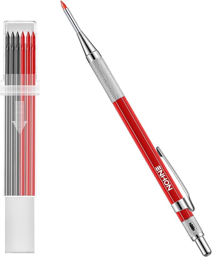 Enhon 2mm Carpenter Pencil Set with 12 Refills and Sharpener, Red | Woodworking Marking Tool Solid Deep Hole Construction Mechanical Pencil, Extended Needle-Nose Tip for Use in Jobs