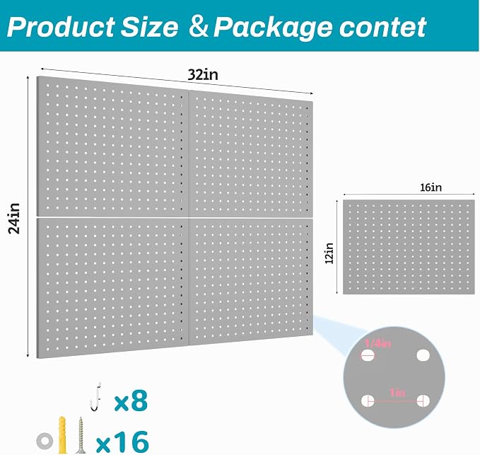 Peg Board,4 Pack Metal Pegboard Panels with 8 Hooks,PegBoard Wall Organizer,16"x12" Steel PegBoard for Walls,Tools,Garage,Office,Kitchen