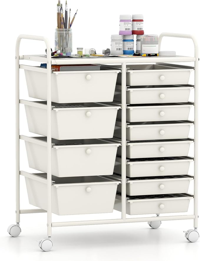 Giantex 12 Drawer Rolling Cart with Drawers, Storage Organizer Cart for Classroom Office School Teacher, Mobile Drawer Cart for Tools, Crafts, Small Printer, Ivory