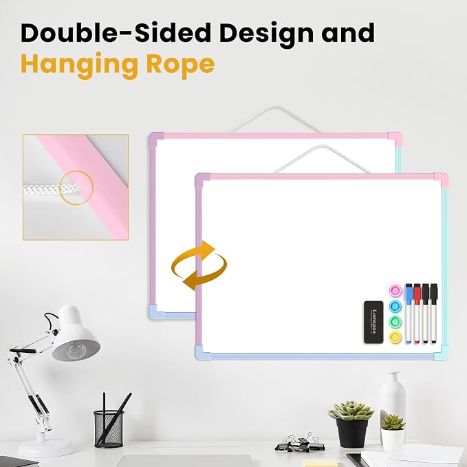 Colorful Frame Small Dry Erase Board for Wall, 16" x 12" Double-Sided Hanging Whiteboard with 4 Markers, 4 Magnets and 3 Mini Sticky Notes, Portable Whiteboard for Kids, School, Home, Office