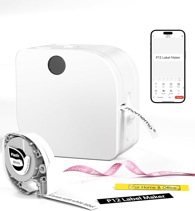 Phomemo Label Maker Machine with Tape, P12 Bluetooth Small Label Maker with Multiple Templates Thermal Transfer Ribbon Printer Machine for Home, School, Gift Wrapping, Office, White