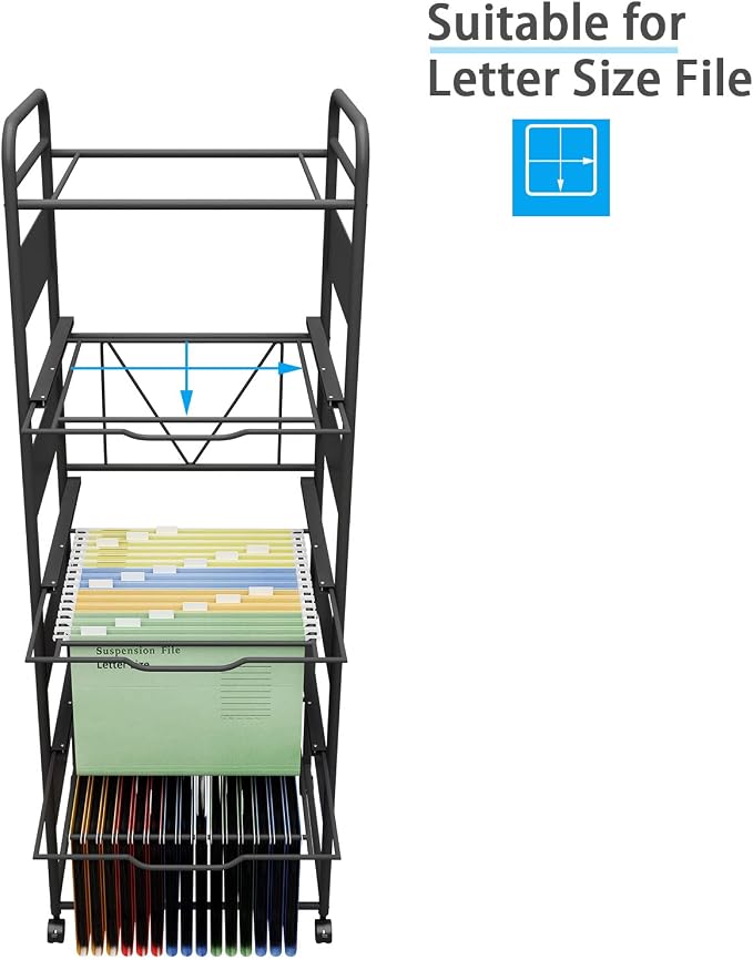 PUNCIA 4-Tier Metal File Cart with Wheels Pull-Out Rolling Folder Organizer | Black Mobile Hanging File Cabinet for Letter Documents Home Office Storage Easy to Move and Access