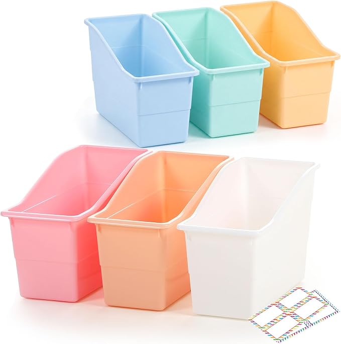 Blosssound 6 Set Book Bins for Classroom Stackable,Cloud Pastel | Plastic Baskets with Labels, Slanted Front, Library Supplies Organizers, Desktop Storage Bins, Teachers Home School Use