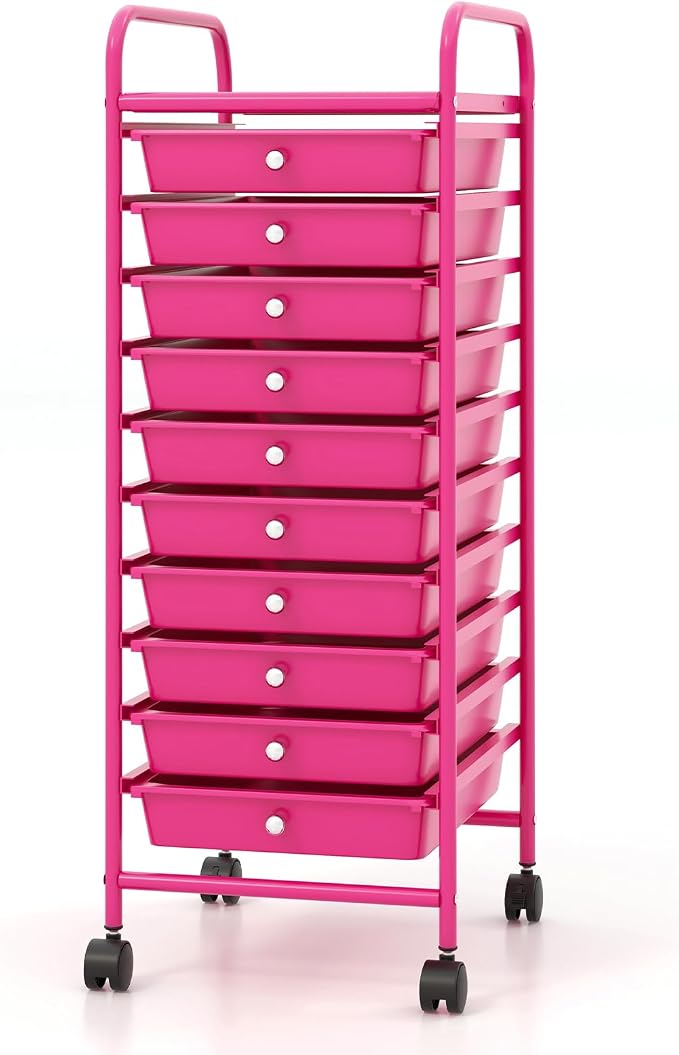 COSTWAY 10-Drawer Rolling Storage Cart, Utility Mobile Trolley | Removable Drawers & Universal Casters & 2 Brakes, Versatile Flexible Drawer Organizer Cart for Home, Office (Hot Pink)