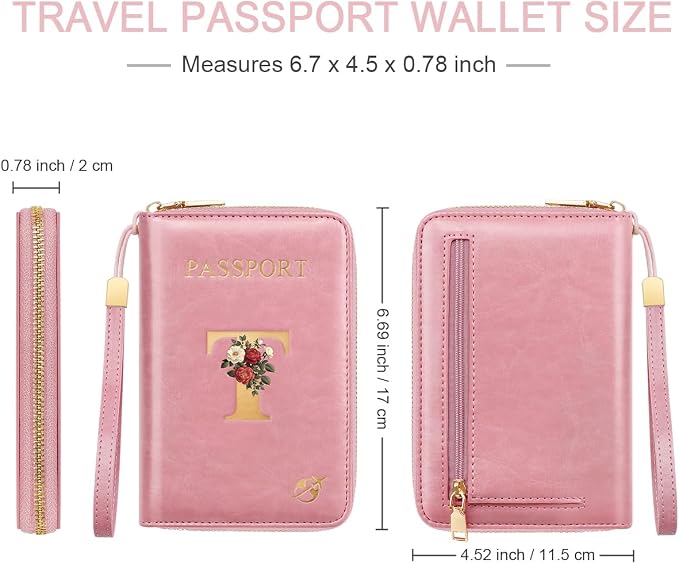 Passport Holder for Travel Personalized Wallet with Wristlet Women | All-in-One Passport Cover, RFID Blocking, Back Coin Pocket, Paper Money Slot, Zipper Closure, Roses Initial Letter, Pink T