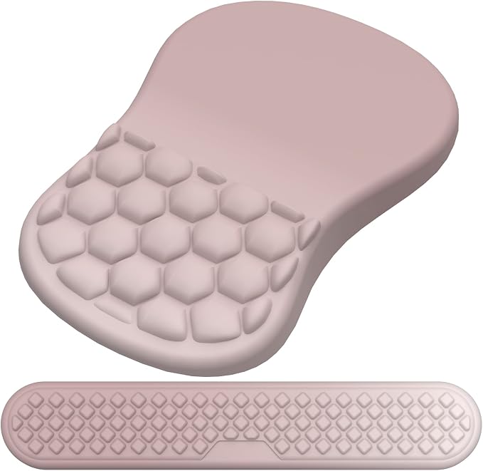 Ergonomic Mouse Pad Wrist Support, 2 in 1 Keyboard Wrist Rest Set | Memory Foam, 15° Ergonomic Slope, Massage Bead Design, Non-Slip PU Base, Lycra Fabric, for Office & Gaming, Gradient Pink