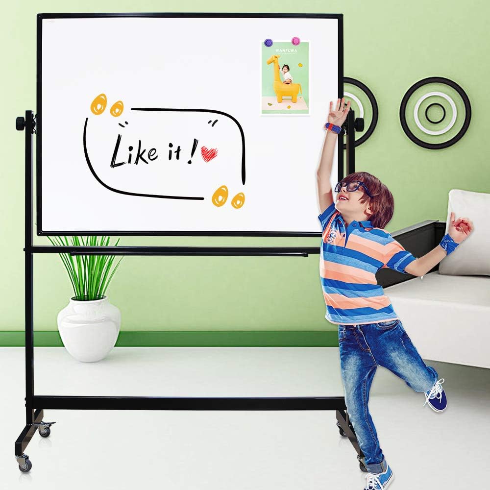XIWODE Double-Sided Magnetic Dry Erase Board，36 X 24 Inch Mobile Whiteboard on Wheels with Rolling Stand, Black Aluminum Frame