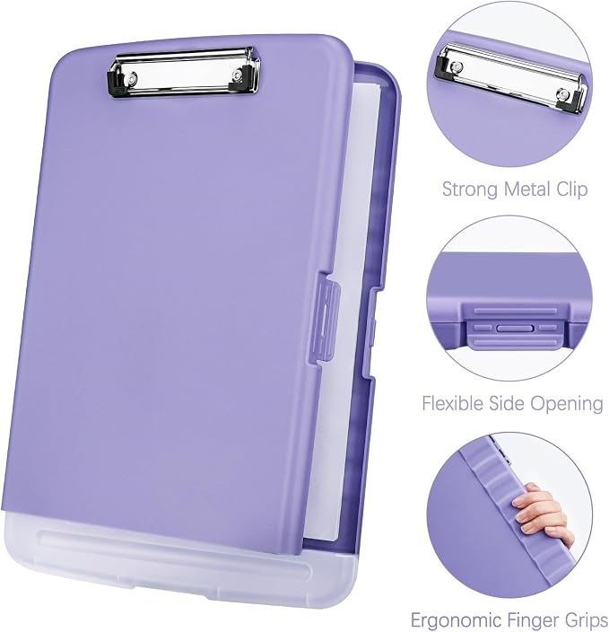 Meiikun Clipboard with Storage, Plastic Clipboards 8.5x11 with Pen Holder, High Capacity Nursing Clipboard Folder, Side Opening Storage Clip Board for Office Work Nurses Teachers (Light Purple)