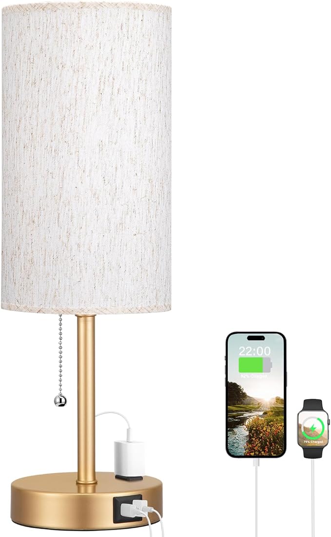 17in Bedside Table Lamp for Bedroom, Desk Lamp with USB Ports for Dorm | 17" Night Stand Lamp, USB A+C Ports, AC Outlet, 3 Color Temperatures, LED Bulb Included, Linen-Fabric Shade, Gold Brass Base