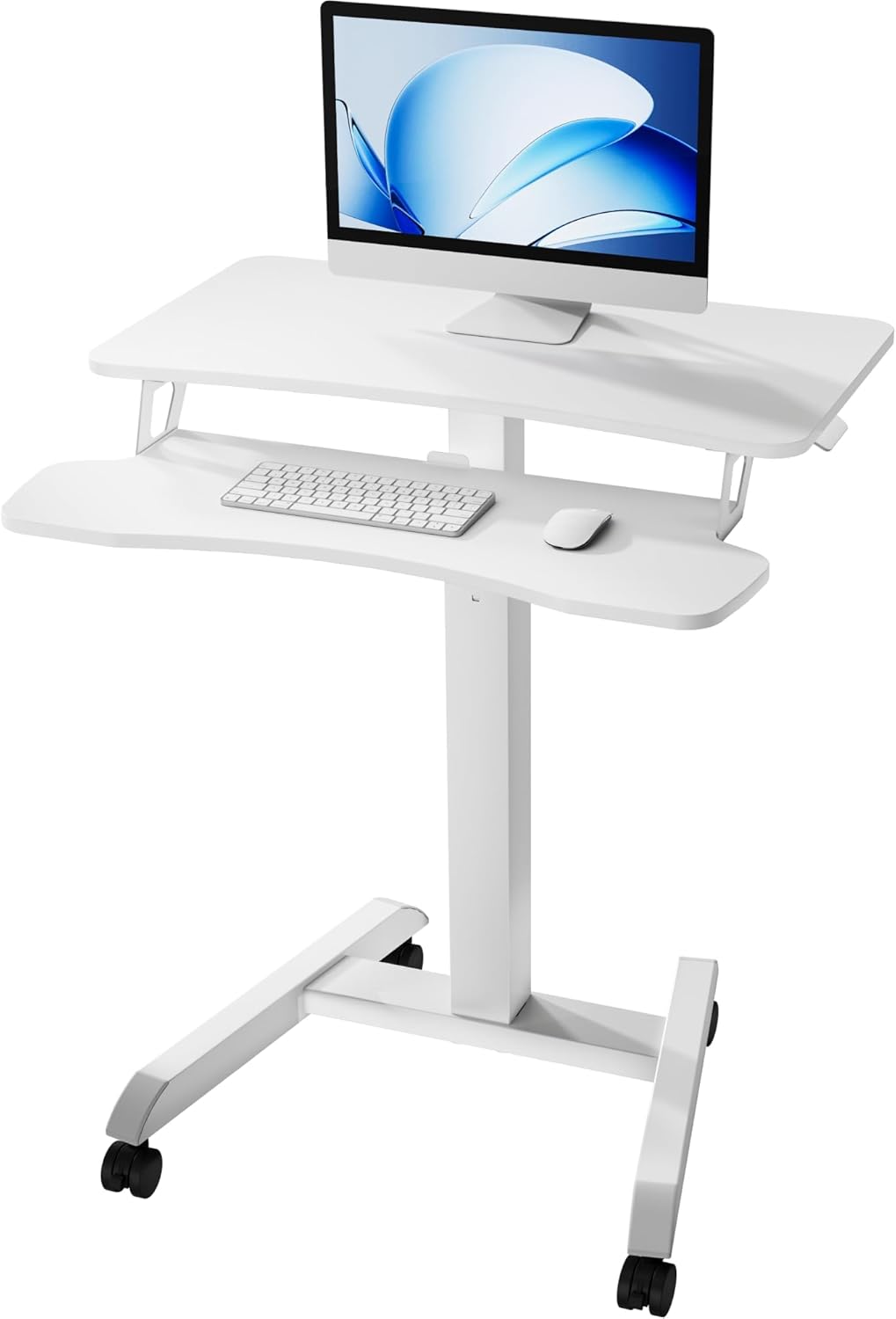 Standing Rolling Desk-Height Adjsutable up to 47.2' Rolling Podium for Teachers, 31.2'× 27.5' Dual Tier Sanding Desk for Classroom, Moveable Laptop Cart, Teacher Podium with Wheels, White