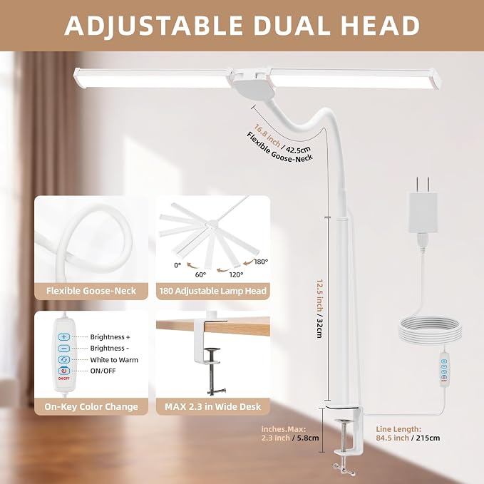 LED Desk Lamp for Home Office, Double Head Desk Light with Clamp | 3 Modes 10 Brightness, Long Flexible Goose-Neck, Eye-Caring, Memory Function, Energy Efficient, USB Adapter, Metal, White