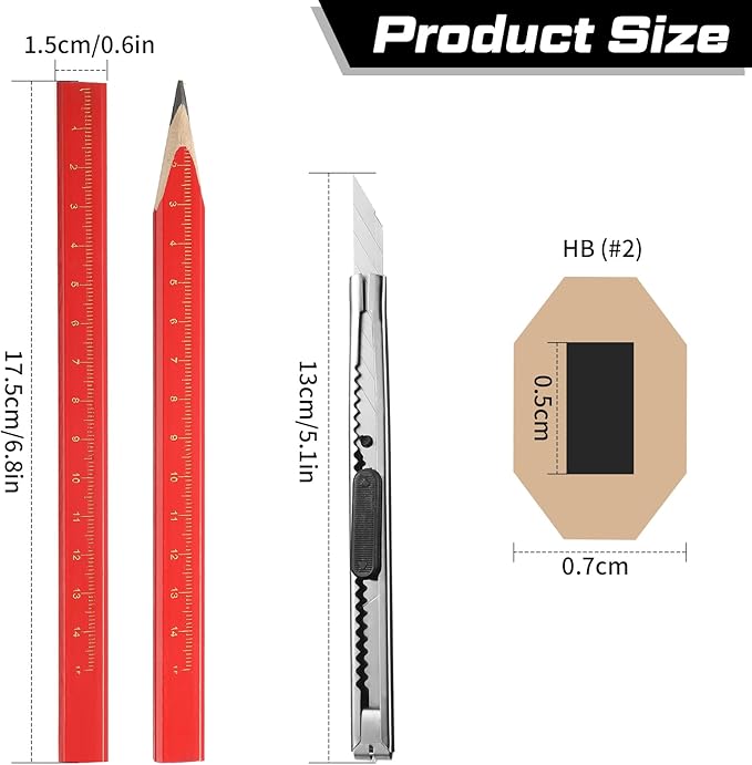 Clabby 10 Pcs Carpenter Pencils 7 Inches Flat Octagonal Hard Black Woodworking Construction Pencils Heavy Duty with Sharpener Utility Knife Eraser for Contractor Carpentry Worker Project Kits