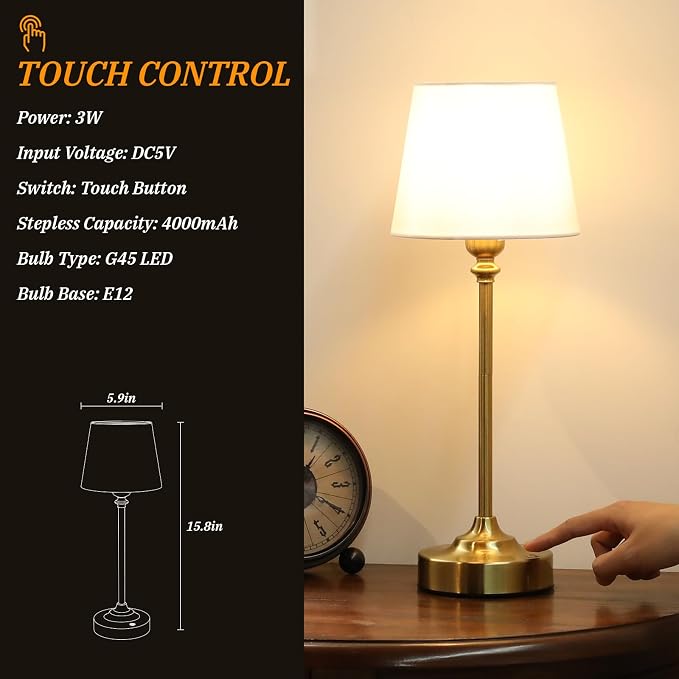 Kakanuo Cordless Table Lamps Rechargeable Set - 2 Pack Gold 4000mAH Battery Operated Lamps for Decor, 3000K Stepless Dimming Touch Wireless Lamp for Bedroom, Dining Table, Living Room, White Shade