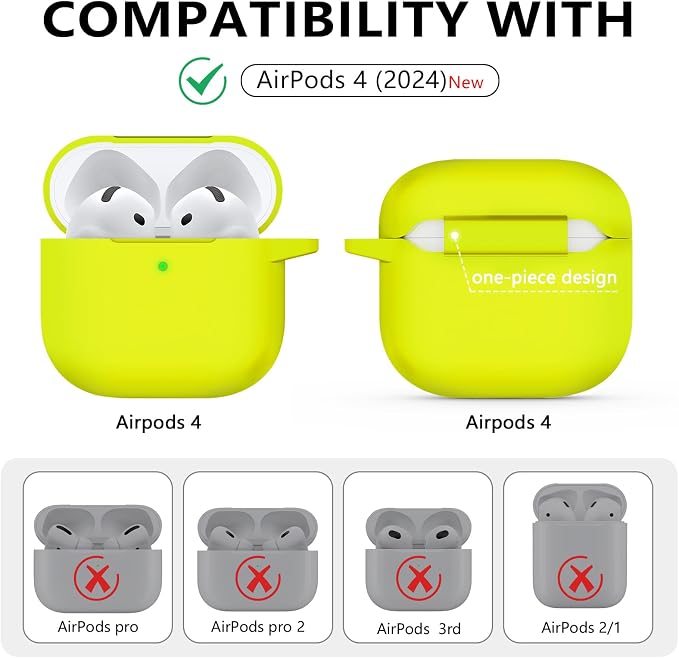 Ljusmicker for AirPods 4 Case 2024 with Cleaner Kit,Soft Silicone Protective Cover for Apple AirPods 4th Generation Cases for Women Men,for AirPod 4 Case Accessories with Keychain-Neon Green
