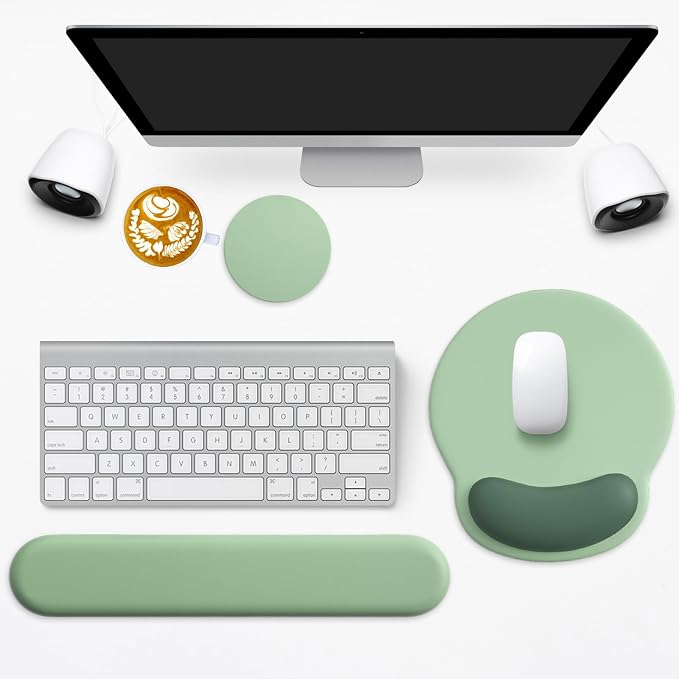 3 in 1 Ergonomic Mouse Pad and Keyboard Wrist Rest with Coaster Set-Green | Cute Large Mousepad with Gel Wrist Support for Gaming Computer Laptop Women Office Home Desk Decor