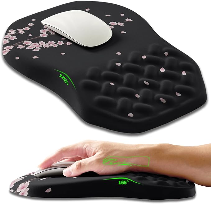 Ergonomic Slope Mouse Pad Wrist Support, Wrist Rest Mousepad for Carpal Tunnel Pain Relief with Massage Bulge and Slow Rebound Memory Foam (12x8 inch, Pink Blossom)
