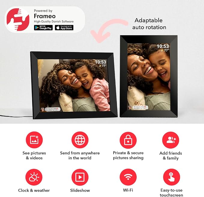 10.1Inch WiFi Digital Picture Frame IPS Touch Screen HD Disply,Video Clips and Slide Show,Auto-Rotate, Wall Mountable,Send Photos Instantly from Anywhere with via Frameo APP (10.1 INCH)