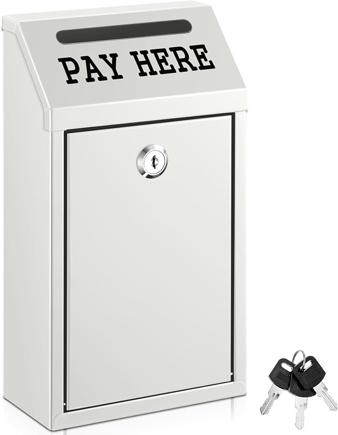 Yaocom Safe Metal Cash Box for Farm Stand – Money Drop and Secure Donation Collection, Wall Mount Lockable Unit with Pre Drilled Holes for Outdoor Self Serve(White,10.2 x 5.7 x 2.8 Inch)