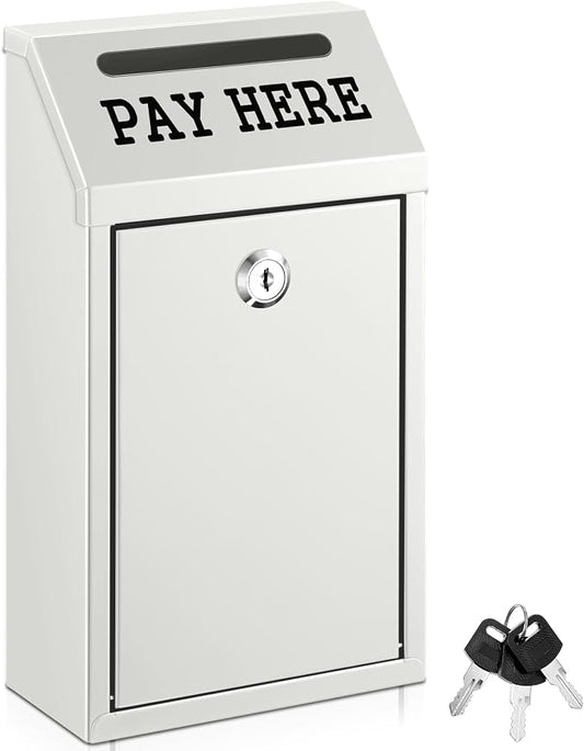 Yaocom Safe Metal Cash Box for Farm Stand – Money Drop and Secure Donation Collection, Wall Mount Lockable Unit with Pre Drilled Holes for Outdoor Self Serve(White,10.2 x 5.7 x 2.8 Inch)
