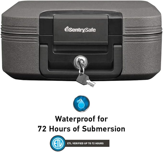 SentrySafe Fireproof and Waterproof Chest Box with Key Lock, Black Travel Safe with Interior Lighting and Carrying Handle, 0.28 Cubic Feet, 6.6 x 15.4 x 14.3 Inches, CHW20205