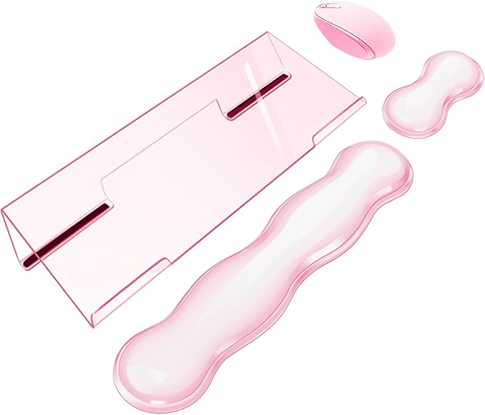 Computer Keyboard Stand Pad with Gel Wrist Rest Keyboard Pad Support with Comfortable Wrist Pad Easy Typing Ergonomic Tilted Acrylic Transparent Keyboard Riser Holder for Desktop Office Home Pink