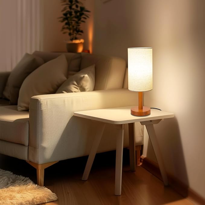 LALISU Small Table Lamp Nightstand Lamp Linen Lampshade Bedroom Wood Base Small Bedside Lamp for Night Stands, Desk Lamps for Reading Living Room, Office (LED Bulb Included) (Rosewood)