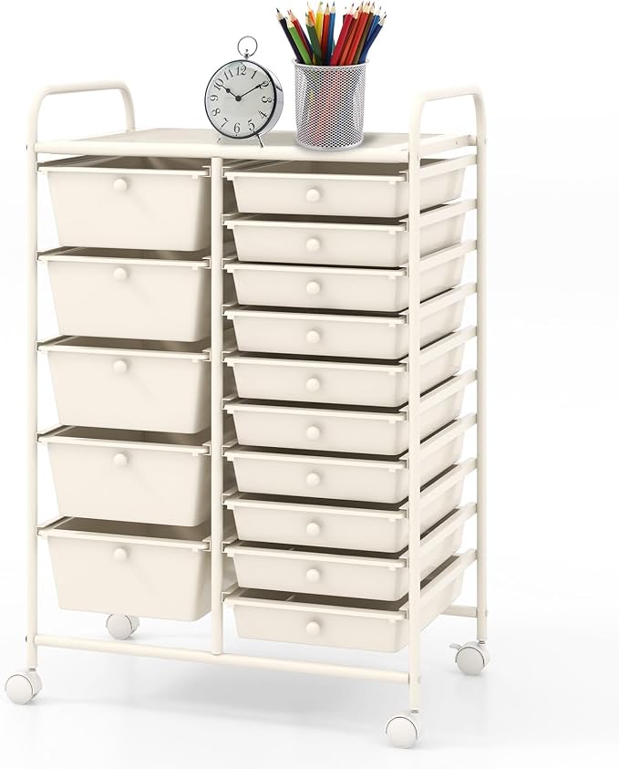 BECOMFORT 15-Drawer Rolling Cart with Drawers, Storage Cart on Wheels, Teacher Classroom Organizers with Metal Frame, Mobile Craft Cart for Tools, Trolley Utility Cart for School Office Play Room