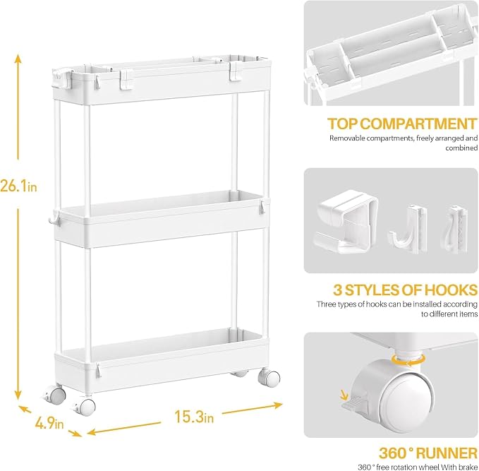 2-piece Set Slim Storage Cart 3 Tier,Bathroom Organizer Rolling Utility,Mobile Shelving Unit Slide Out for Office, Kitchen, Laundry Room & Narrow Places