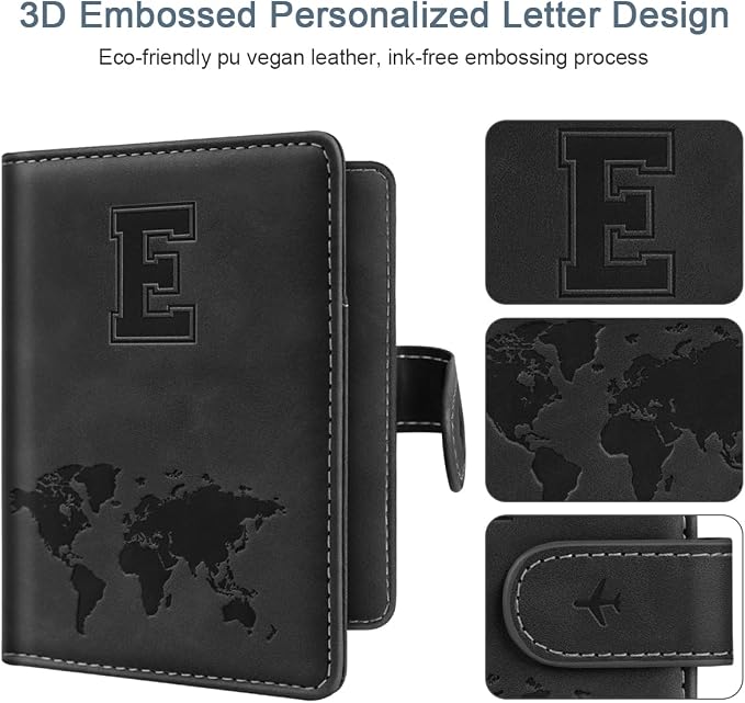 Passport Holder for Travel Essentials Personalized Initial Wallets | Embossed Letter A-Z Design, RFID Blocking, Passport Cover, Passport Book Holders, Men Women, Personalized Gifts, Black-E