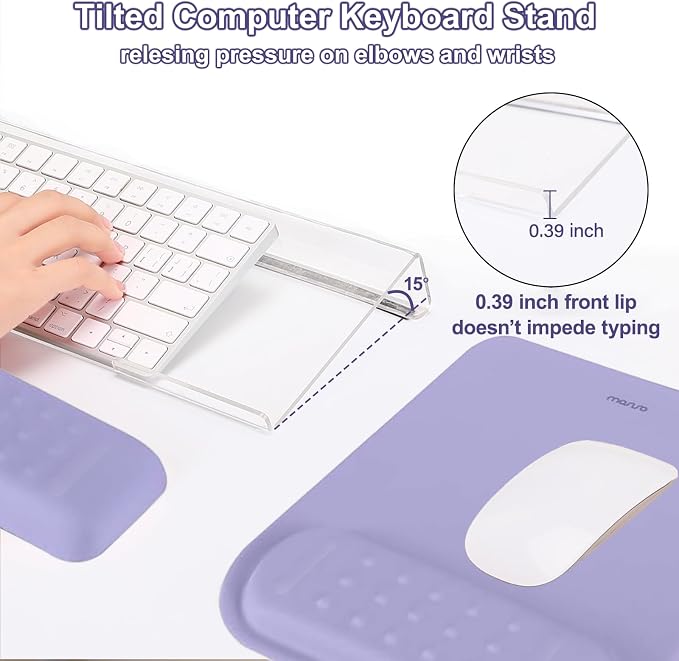 MOSISO Keyboard Stand&Wrist Rest Support for Keyboard &Mouse Pad Set | Ergonomic Massage Wrist Rest Set, Easy Typing Working Acrylic Clear Stand for Office Home, Purple