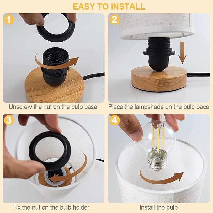 3-Color Adjustable Bedside Table Lamp for Bedroom,Minimalist Wood Base&Round Fabric Shade,Cozy Lighting Nightstand Boho Lamp,Study Reading Desk Night Stand Light for Living Room,Office,kitchen,Nursery