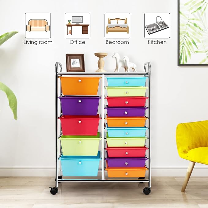 15 Drawer Rolling Storage Cart, Rolling Cart with Drawers for Classroom, Art Supply Craft Organizer on Wheel with Metal Frame & Handles for Home Office School