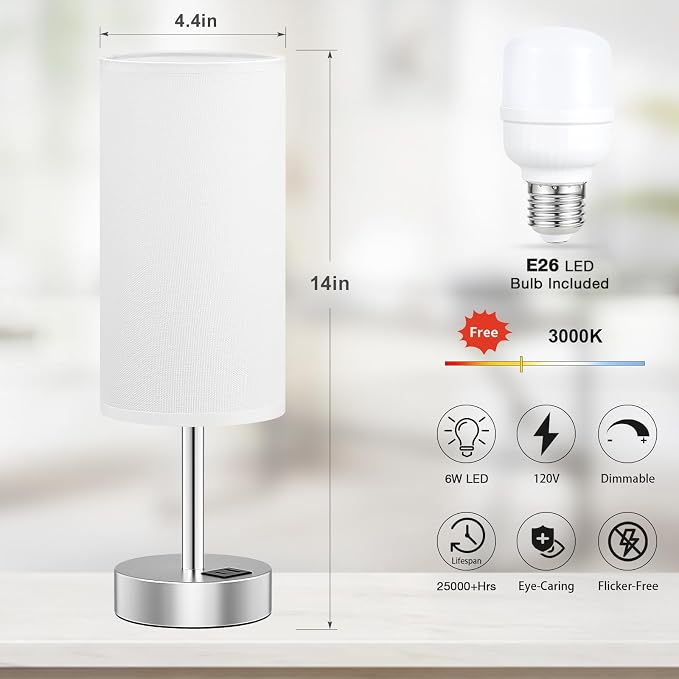 Dicoool Bedside Table Lamp for Bedroom - 3-Way Dimmable Touch Lamp, USB A+C | LED Bulb Included, 14" Small Nightstand Lamp for Desk, Living Room, Guest Room, White Fabric Lampshade, Silver Metal Base