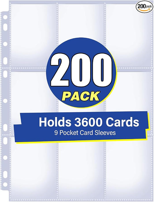 200 Pack 9 Pocket Card Sleeves Binder Sheets, Holds 3600 Cards, Trading Card Sleeves for 3 Ring Binder, Protective Pages Sheets for Baseball, Football, Business, Game Cards