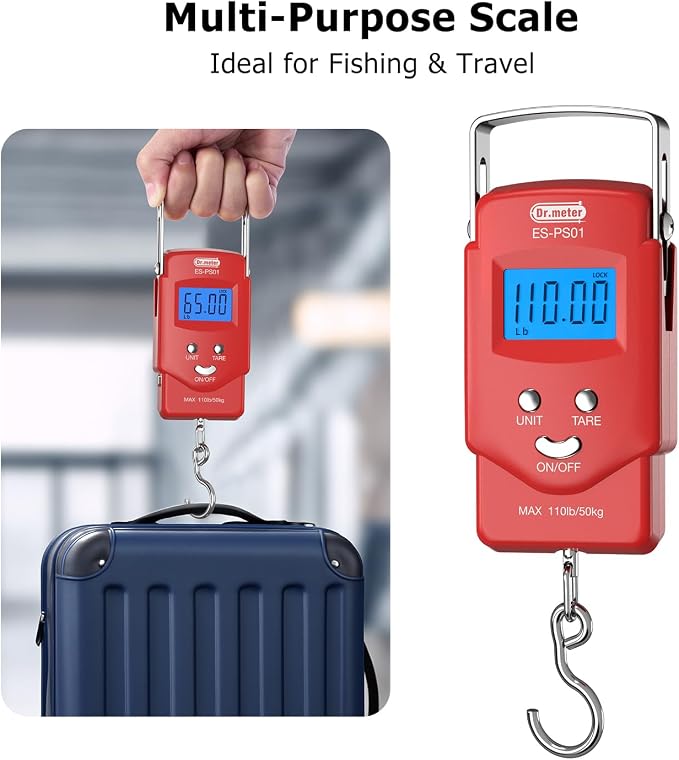 Dr.meter Fish Scale, 110 lb Digital Luggage Scale with Tape | 110 lb Capacity, Backlit LCD, Built-In Tape, Includes 2 AAA Batteries, Compact Pocket Size