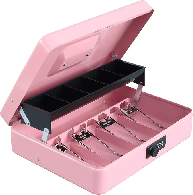 xydled Cash Box with Money Tray and Combination Lock,Tiered, Cantilever Design,4 Bill / 5 Coin Slots,11.8" x 9.5" x 3.5",Pink