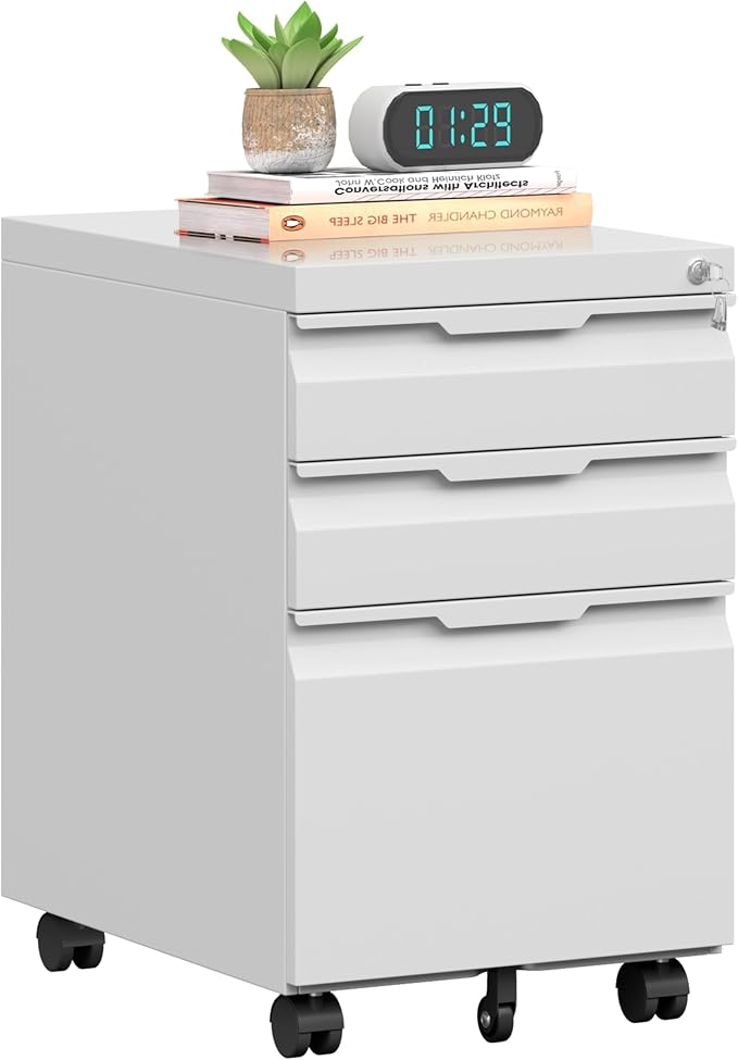 3 Drawer Mobile File Cabinet with Lock, Rolling File Cabinet with Wheels | Metal Small Filing Cabinet with Wheels for Home Office Storage, Fits Legal/A4/Letter/Document Size, Required Assembly, Black