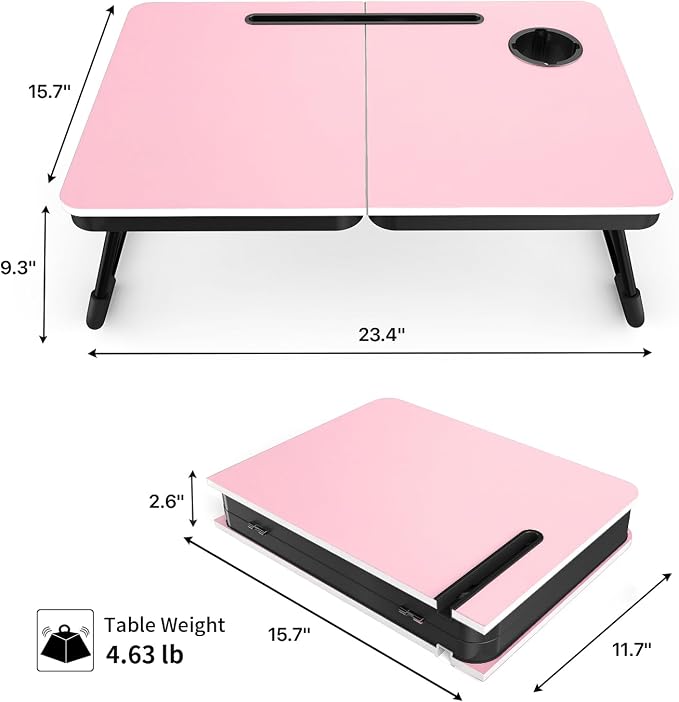 BUYIFY 23.4" Foldable Lap Desk Bed Table with Cup Holder Portable Tray | Folds Flat for Easy Storage, No Assembly Laptop Bed Desk, Sturdy and Lightweight, Patent Design,Pink