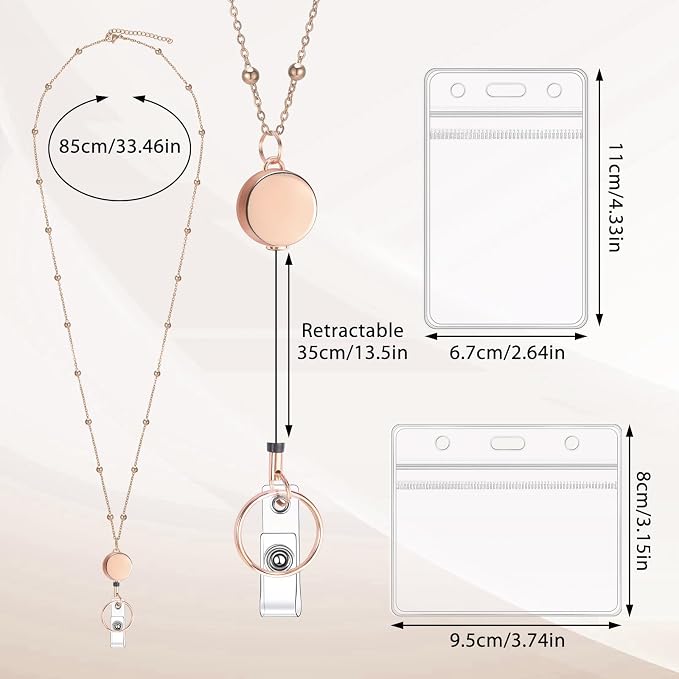 Rose Gold Lanyards for Id Badges Stainless Steel Badge Lanyard with 2 Pcs Waterproof Id Holder Retractable Badge Lanyards Teacher Lanyard for Cruise Ship Key Cards Badges