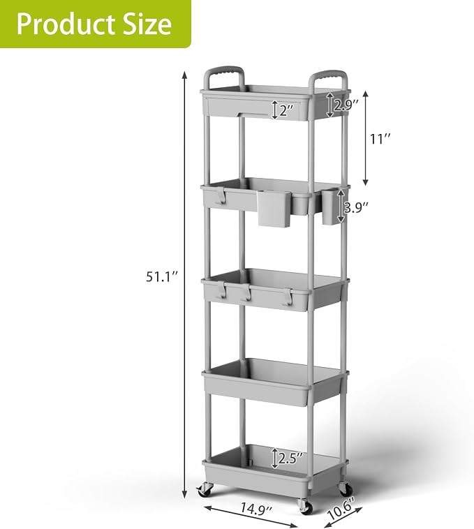 Sorgion 5 Tier Rolling Cart Organizer,Bathroom Cart Organizers with Wheels Laundry Room Organization Mobile Shelving Unit Utility Cart Storage Shelves Multi-Functional for Office, Home(Grey)