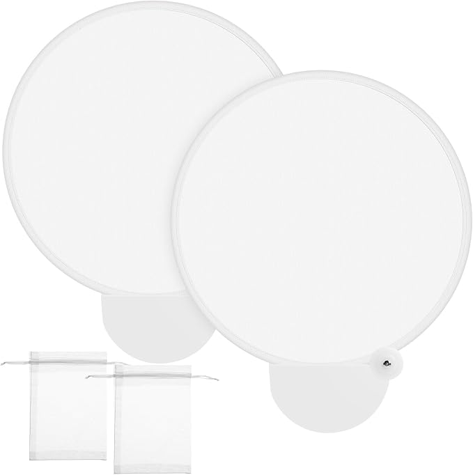Roowest 2 Pcs 7.87“ Round Sublimation Blank Foldable Fan with Bag Polyester Colored Portable Handheld Compact Fold up Flying Disc Fans for Summer Wedding Graduation Party Favor (White)