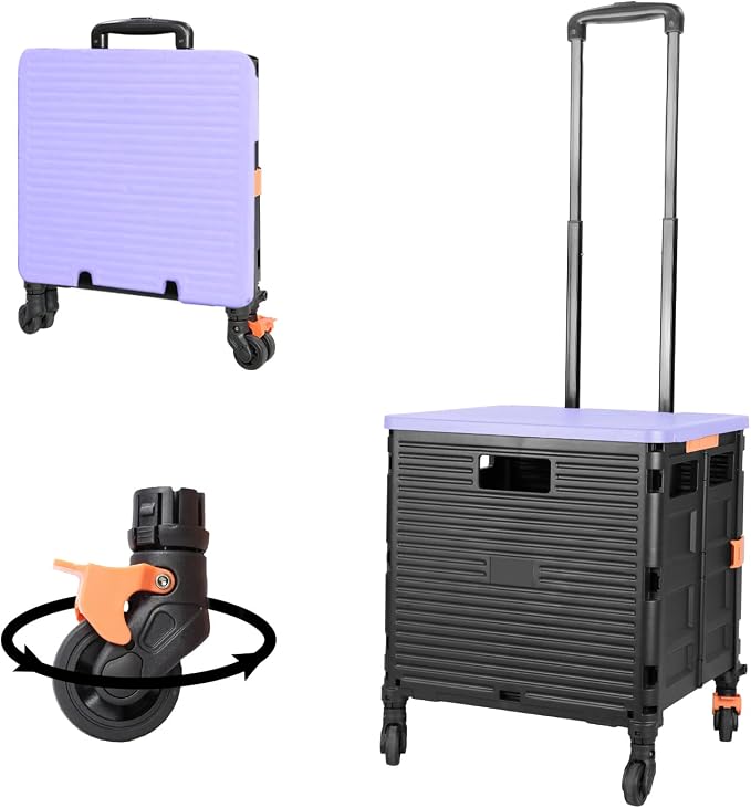 FELICON SELORSS Foldable Utility Cart Folding Portable Rolling Crate-Purple | Heavy Duty,Telescoping Handle,4 Rotate Wheels,Collapsible Handcart for Travel Shop Move Luggage Laundry Teacher Office Use