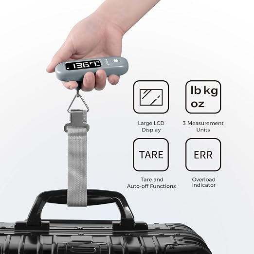 pack all Digital Luggage Scale for Travel, 110Lbs Capacity, 0.1Lb Precision | Handheld, Backlit LCD Display, Lb/Kg/Oz Conversion, Tare Function, Battery Included, Rock Grey