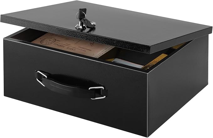 xydled Fireproof Document Box with Key Lock, Fire Safe Box, Black | Fire and water resistant lock box for documents, passports, cash and valuables, keeping secure at home, 13.2 x 11 x 4 Inch